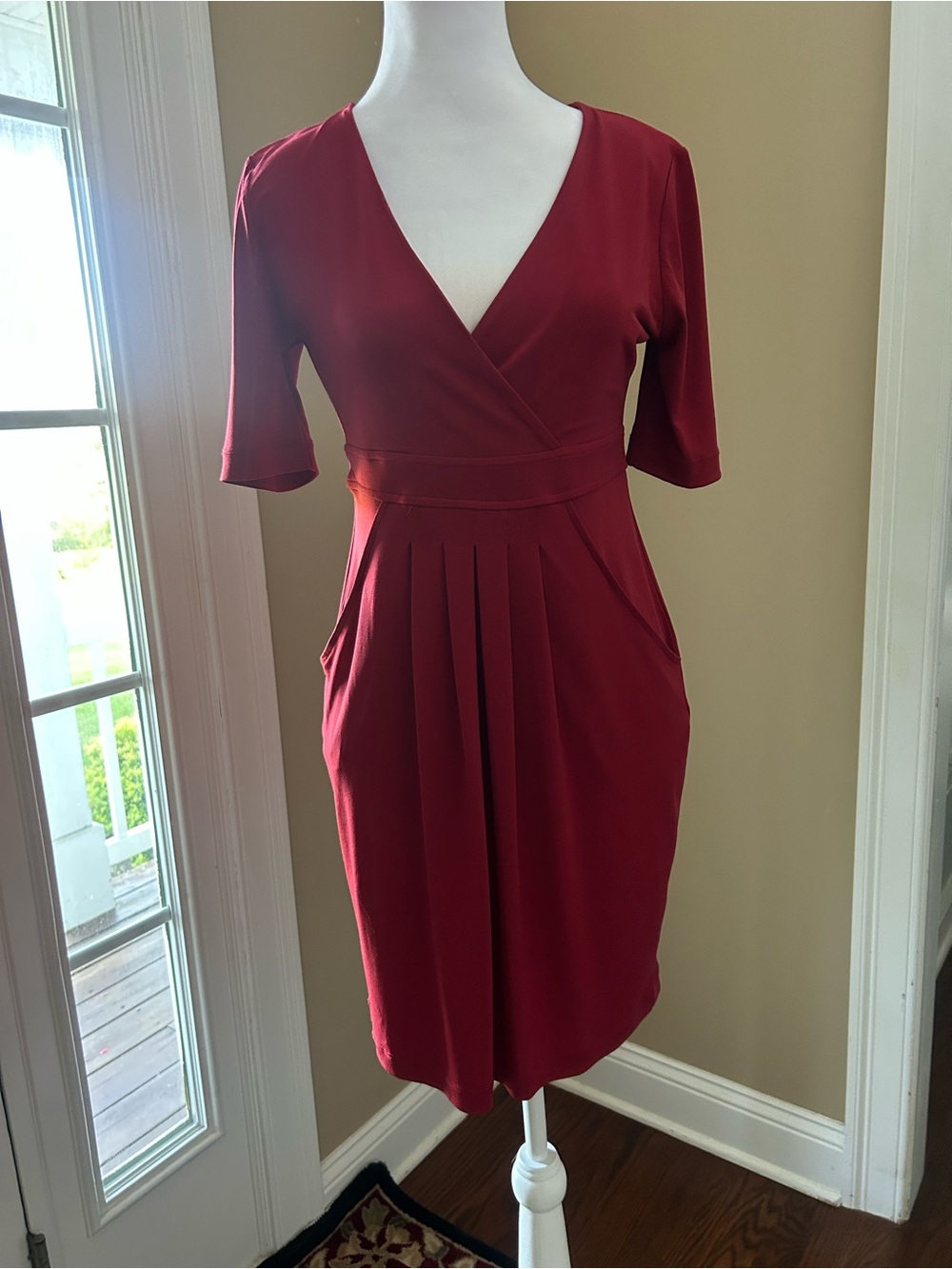 Banana Republic Deep Red V-Neck Pleated Midi Dress